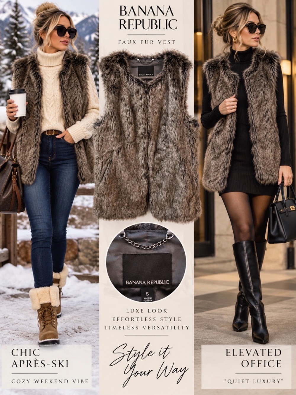 Banana Republic Smokey Gray Plush Faux Fur Vest Pockets S